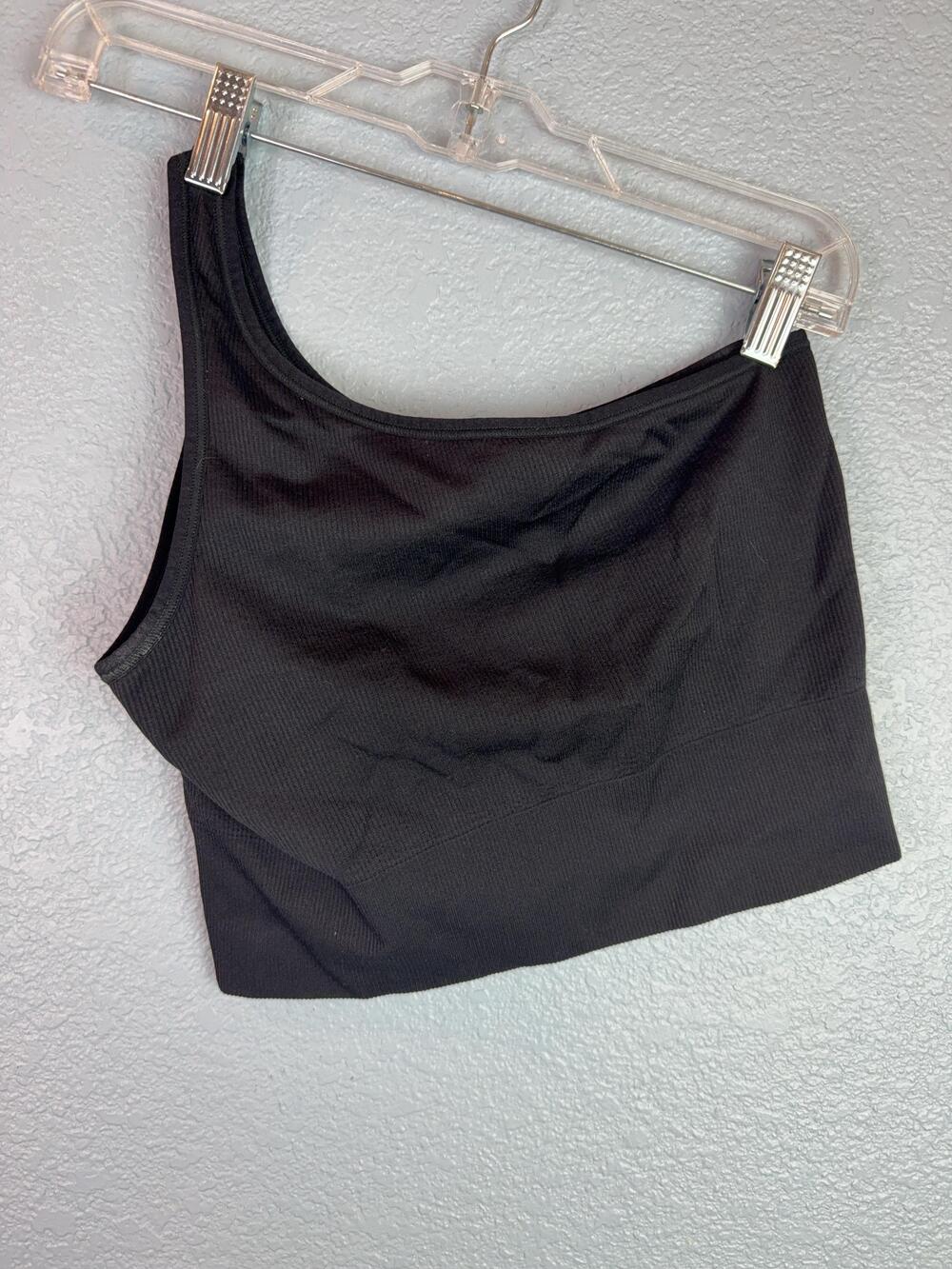 Athleta Bra Womens Small Black Ribbed One Shoulder Longline Sports Yoga Crop Top